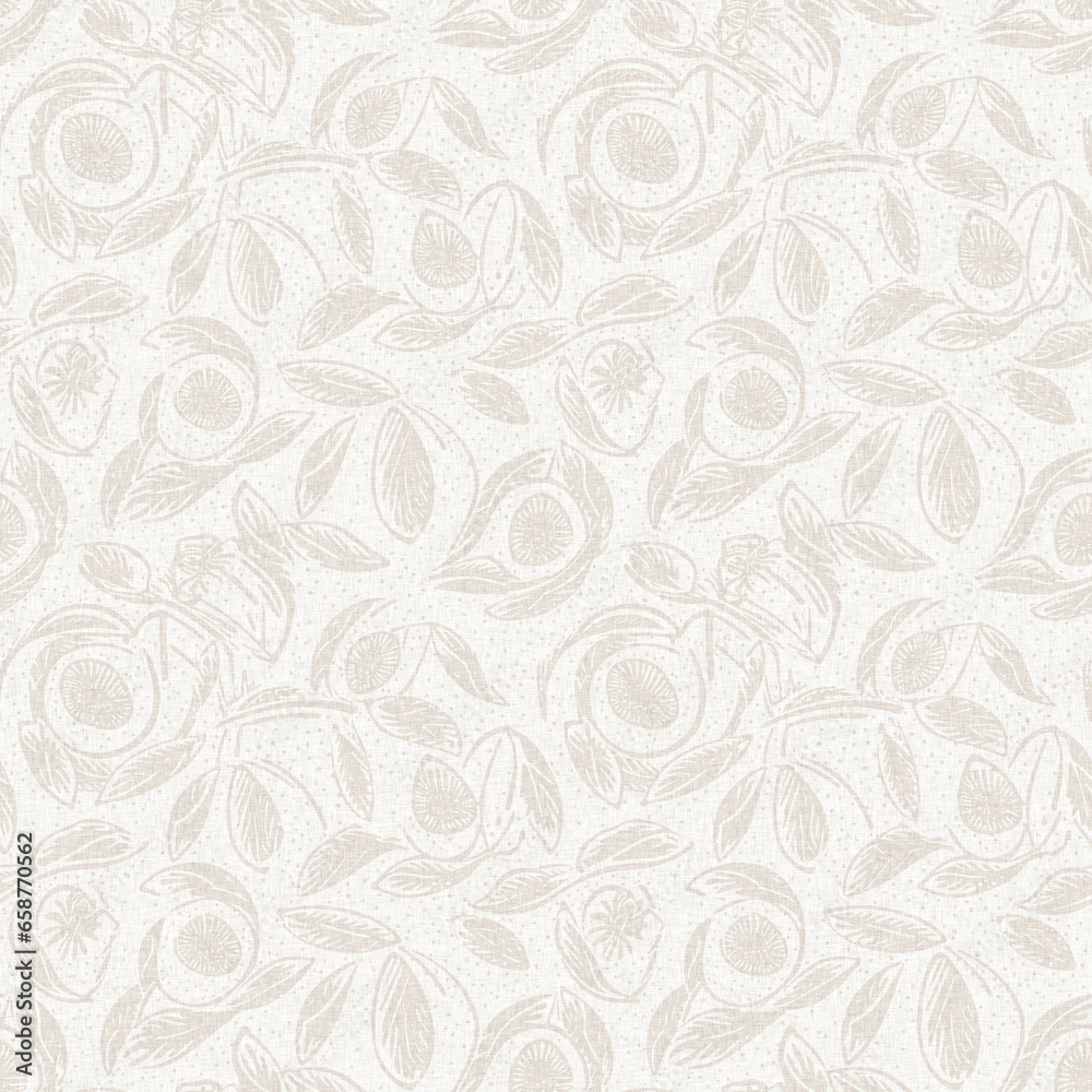 Subtle rustic elegance wedding floral block print linen seamless pattern. All over print of white on white tonal cotton effect flower background.