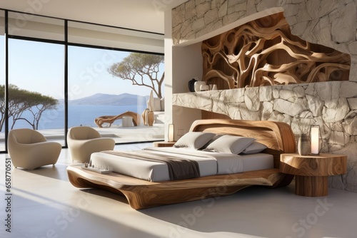modern minimalist master bedroom with light natural materials with modern art on the walls © Fred