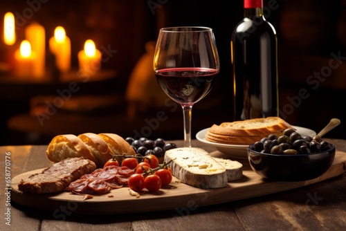 A glass of rich, ruby-red Tempranillo wine, perfectly paired with a platter of Spanish tapas on a rustic wooden table in a cozy, dimly lit bodega