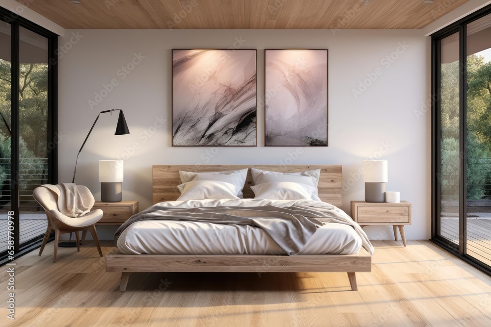 modern minimalist scandinavian bedroom with light natural materials with modern art on the walls modern minimalist scandinavian bedroom with light natural materials with modern art on the walls