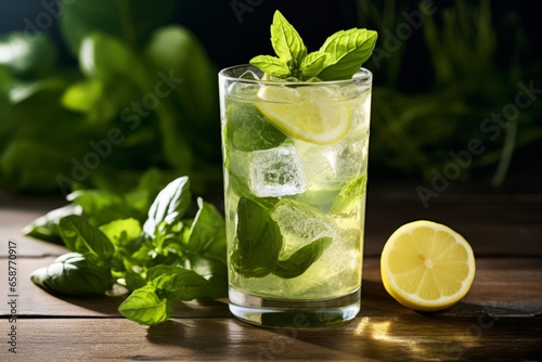 A Refreshing Glass of Basil Lemon Cooler Garnished with Fresh Basil Leaves and Lemon Slices on a Rustic Wooden Table in the Summer Sunlight