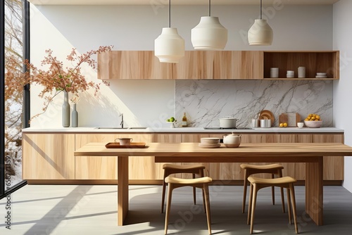 modern minimalist scandinavian kitchen with light natural materials with modern art on the walls
