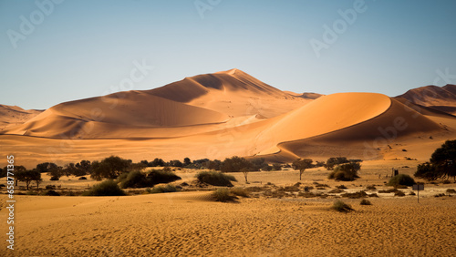 The Big Mama Dune on the eastern edge of the Sossusvlei pan, Namib-Naukluft National Park, Namibia. The dune stands at a heigh of 200 meters (650 feet) and is part of the Namib Desert.
