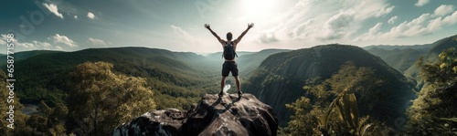 Winning and sport concept, Male Hiker celebrating success on top of a mountain 