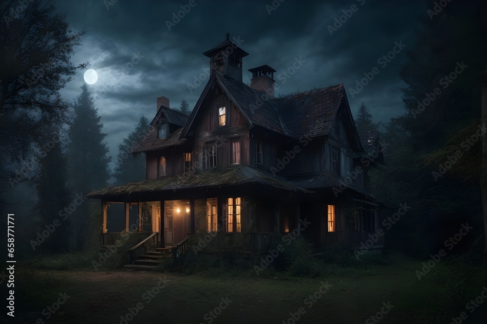 A spooky, abandoned haunted house in the middle of a dark forest, with glowing windows and a crooked chimney. A spooky, abandoned haunted house in the middle of a dark forest, with glowing windows and a crooked chimney.