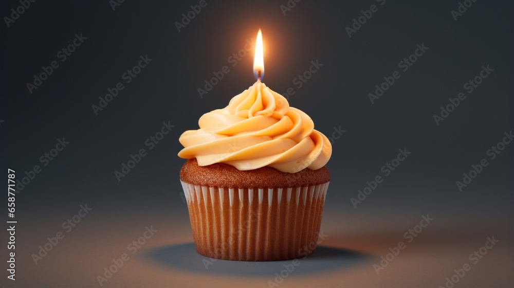 An overhead shot of a mouthwatering cupcake with a glowing candle on top, against a minimalist, solid backdrop, as if photographed by a high-definition camera