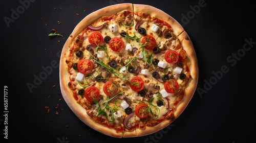 An overhead shot of a gourmet pizza, with bubbling cheese and fresh toppings, on a minimalist, solid background, as if taken by a high-definition camera