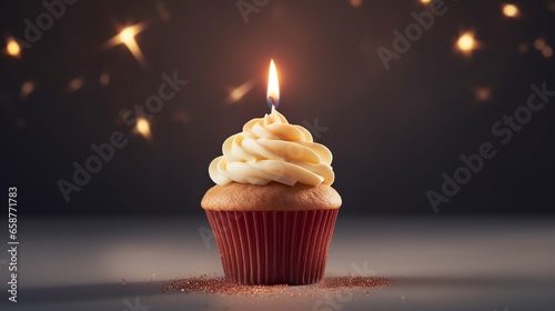 An overhead shot of a mouthwatering cupcake with a glowing candle on top, against a minimalist, solid backdrop, as if photographed by a high-definition camera © Raziq