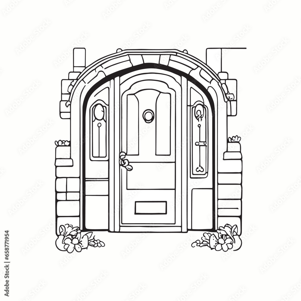 Obraz premium door illustration coloring pages,cartoon,comic style,hand drawn illustration of an background with windows