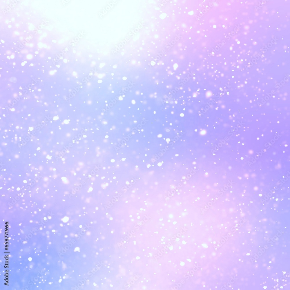 Falling snow in glow on airy blue lilac color background.