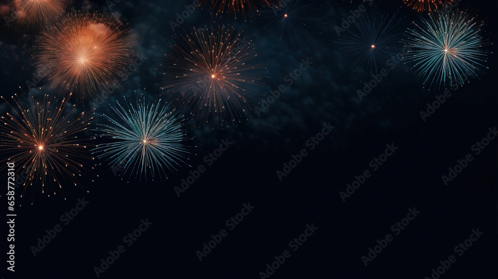 Naklejka premium fireworks in black sky against dark background, dark emerald and light amber, decorative backgrounds, with empty copy space