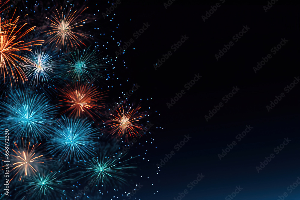 Naklejka premium fireworks in black sky against dark background, dark emerald and light amber, decorative backgrounds, with empty copy space