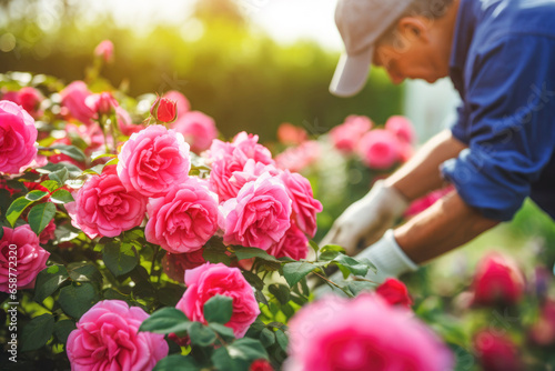 a gardener's hands expertly pruning a rose bush in the spring, ensuring that the plant thrives and produces beautiful blooms.