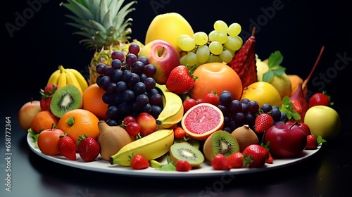 A mouthwatering display of ripe, colorful fruits on a plate, set against a simple, solid backdrop, as if seen through a high-definition camera lens