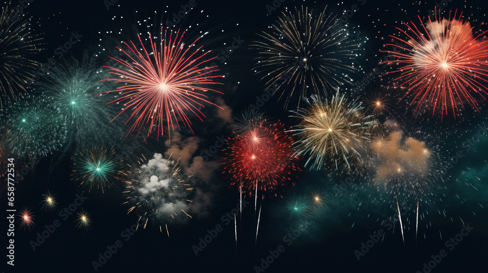 Naklejka premium fireworks in black sky against dark background, dark emerald and light amber, decorative backgrounds, with empty copy space