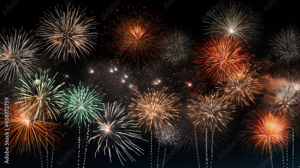 fireworks in black sky against dark background, dark emerald and light amber, decorative backgrounds, with empty copy space