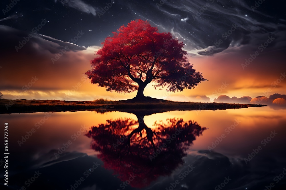 Tree in the sky reflected in the water. 3D Rendering