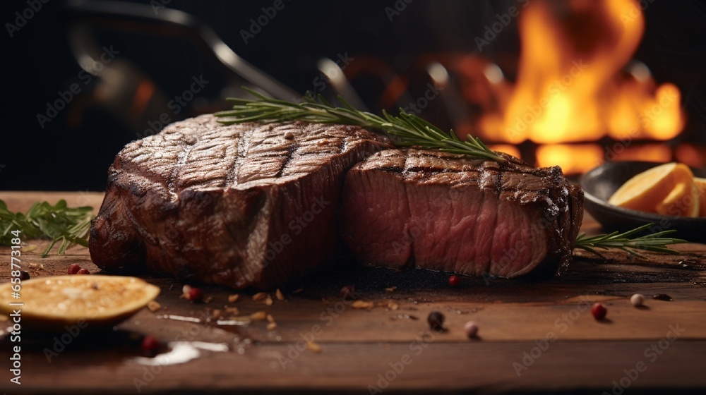 The exquisite sight of a well-prepared steak with grill marks and sides, set against a simple, solid backdrop, captured in high-definition for maximum realism