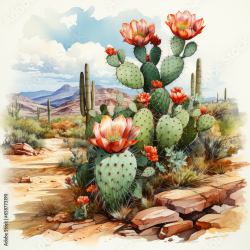 watercolor Saguaro cactus blossom clipart, generative ai