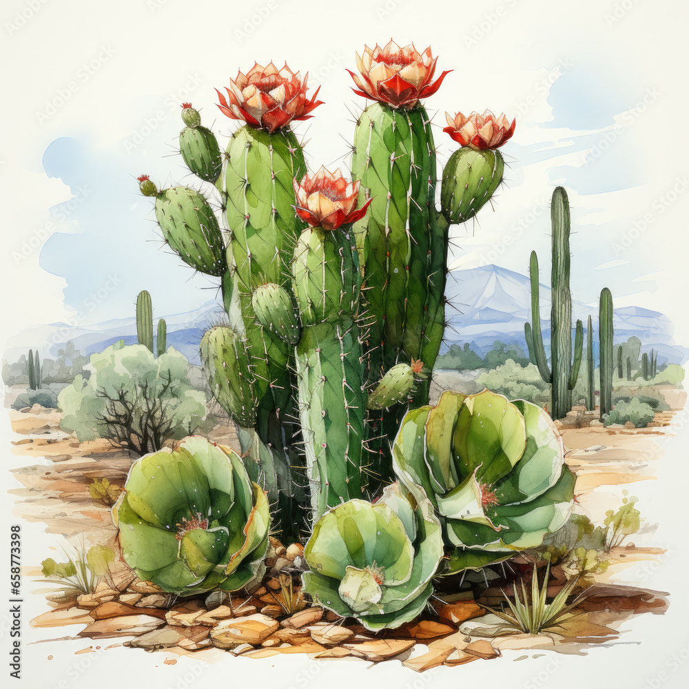 watercolor Saguaro cactus blossom clipart, generative ai watercolor Saguaro cactus blossom clipart, generative ai