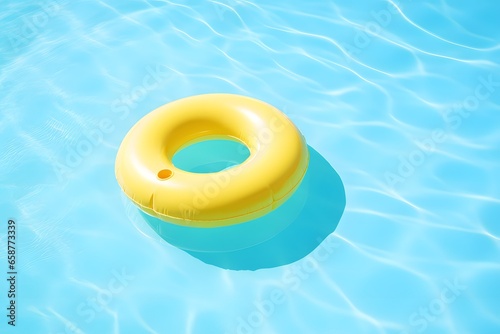 Yellow swim ring float in blue swimming pool. Summer holiday.