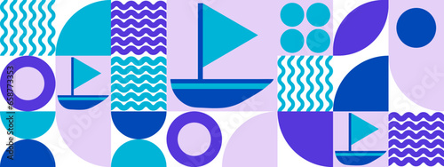 Abstract geometric shapes nautical pattern. Blush pink and blue color block background. Vector modern illustration.