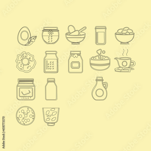 Icons for the Muesli Nutrition Collection Set Black contour illustrations of muesli and flour bags, cookies and milk, bars and muesli porridge, and cooked and boiling breakfast