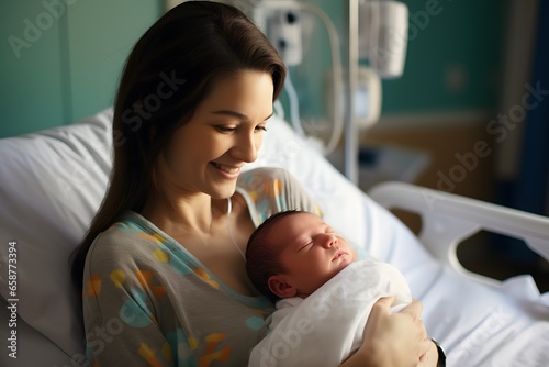 Happy mother with newborn baby in hospital.