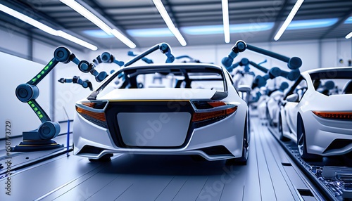Robot arms assembling cars on a automated assembly line. Generative AI
