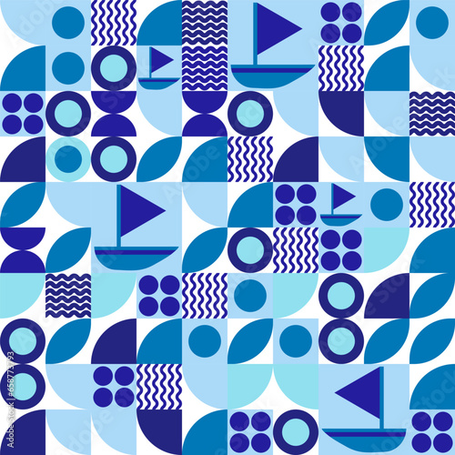 Abstract geometric semi circle seamless pattern. Navy and blue color block background. Vector modern illustration.