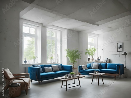 Comfortable Living Room with Blue Sofa and Coffee Table
