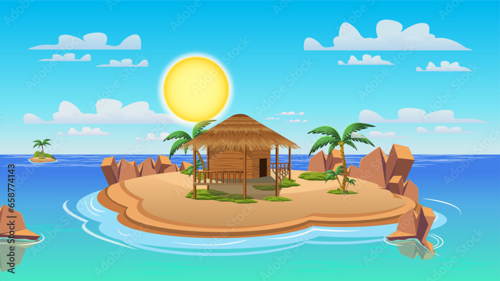 Cartoon tropical island with huts, beach hut on tropical island resort, cartoon tropical island with huts, palm trees. mountains, blue ocean