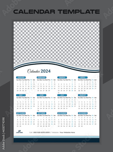 2024 One page wall calendar design template, modern 12 months one page calendar. Vector calendar template. photo