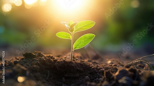 Delicate young plant growing from soil in park in sun rise