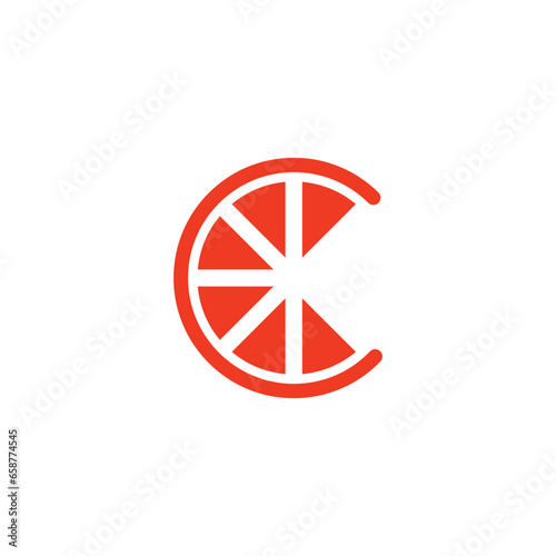 Orange fruit graphic vector illustration like letter C with two green leaves on top representing vitamin C, for company logo or symbol
