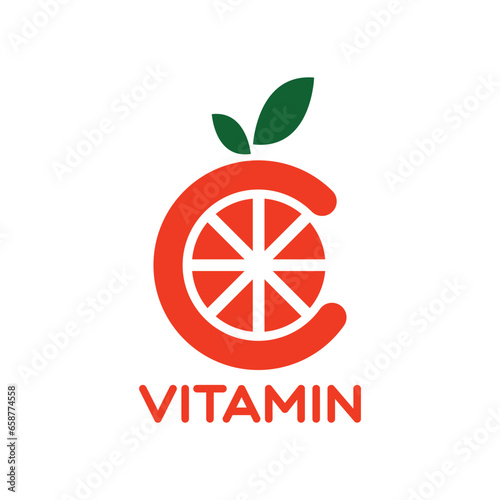 Orange fruit graphic vector illustration like letter C with two green leaves on top representing vitamin C, for company logo or symbol