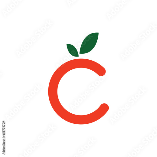 Orange fruit graphic vector illustration like letter C with two green leaves on top representing vitamin C, for company logo or symbol