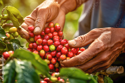 In the heart of a thriving coffee plantation  a close-up of hands picking ripe red beans highlights the natural and fresh elements of production.