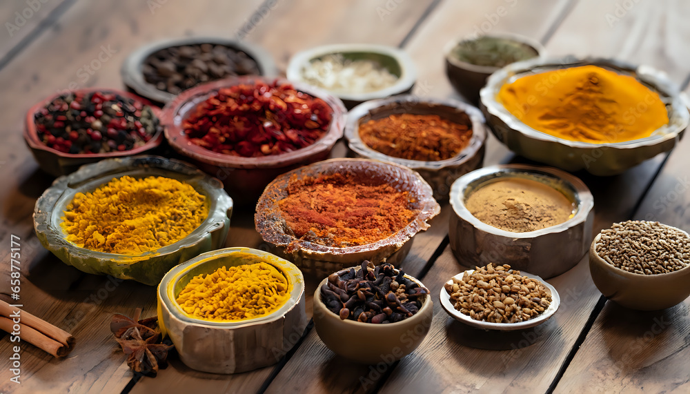 spices and herbs on a white background, Rustic Spice Medley: Colorful Array on Wooden Surface, AI Generated