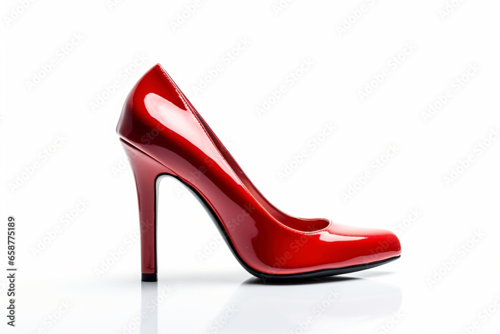 Side view of single elegant shiny red high heel woman shoe on white background Side view of single elegant shiny red high heel woman shoe on white background