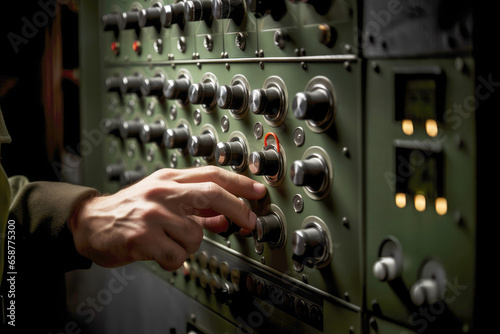 A skilled military engineer operates advanced radio interception equipment, using sophisticated technology to monitor and control frequency modulation for critical intelligence purposes.
