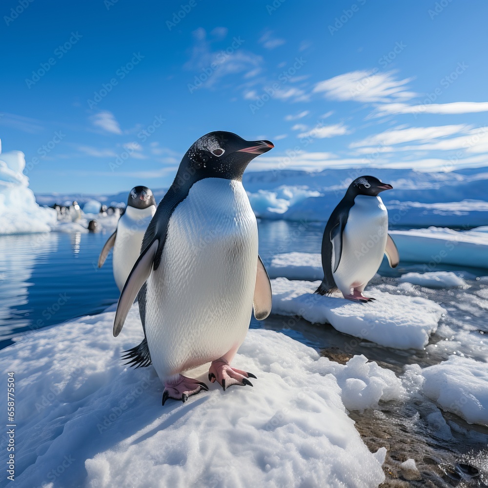 Fototapeta premium Penguin on an ice floe in the water. Large flightless bird in cold climates. Floating birds. copyspace. Concept: poster and design on the theme of the protection of animals and their habitat. 