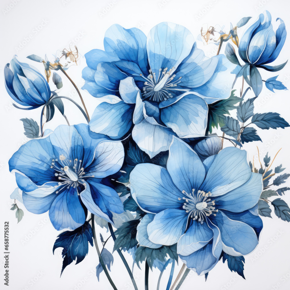 watercolor blue columbine clipart, generative ai