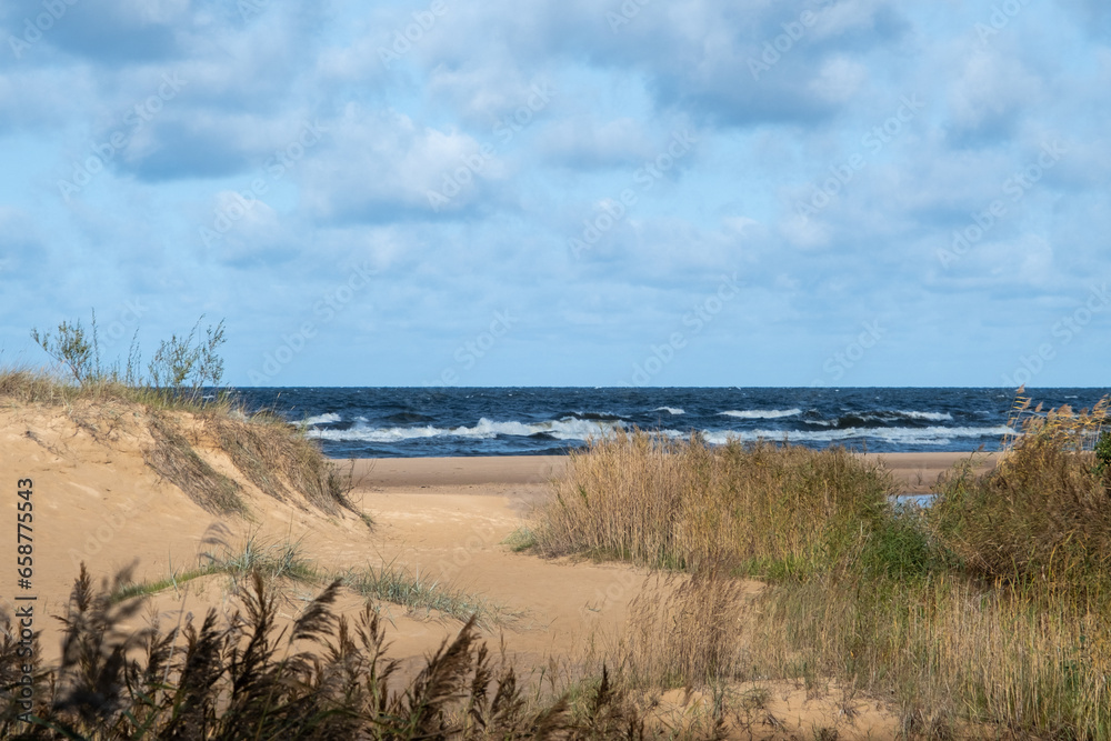view of the Baltic Sea coastline, Latvia. Beautiful sea coast on a sunny autumn day. Sea waves. Latvian natural landscape. Windy weather. Gulf of Riga