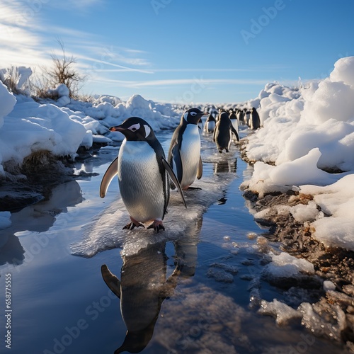 Penguin on an ice floe in the water. Large flightless bird in cold climates. Floating birds. copyspace. Concept  poster and design on the theme of the protection of animals and their habitat.  