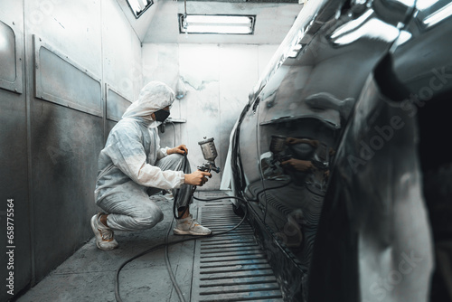 Photography Automotive service worker in full protective gear expertly apply color paint in to car's bodywork with spray gun or respirator painting in chamber workshop
