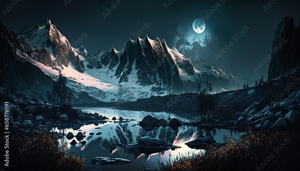winter in mountain landscape at stary night design illustration - obrazy, fototapety, plakaty 