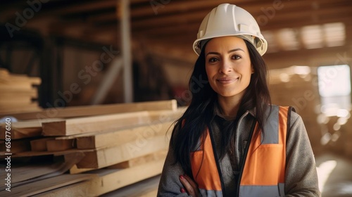 Portrait of a woman carpenter at a construction site leading a team of carpenters © Fred