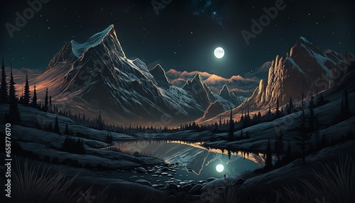 mountain landscape at stary night gaalaxy above design illustration