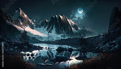 winter in mountain landscape at stary night design illustration